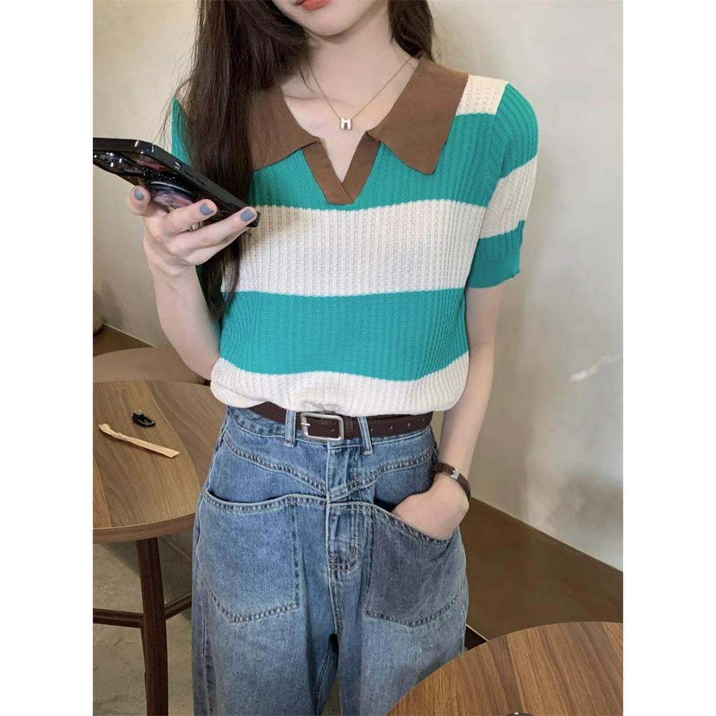 ZHELIHANGFEI Áo Thun Ngắn Tay Cổ Chữ v Form Rộng Họa Tiết Kẻ Sọc Màu Sắc Tương Phản Phong Cách Hàn Quốc
