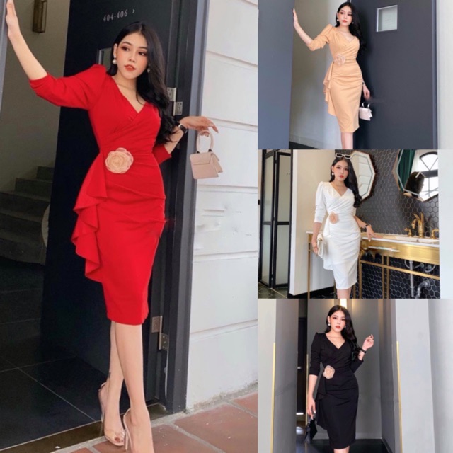 Đầm dự tiệc dáng ôm cổ V 1 bên bèo cài hoa