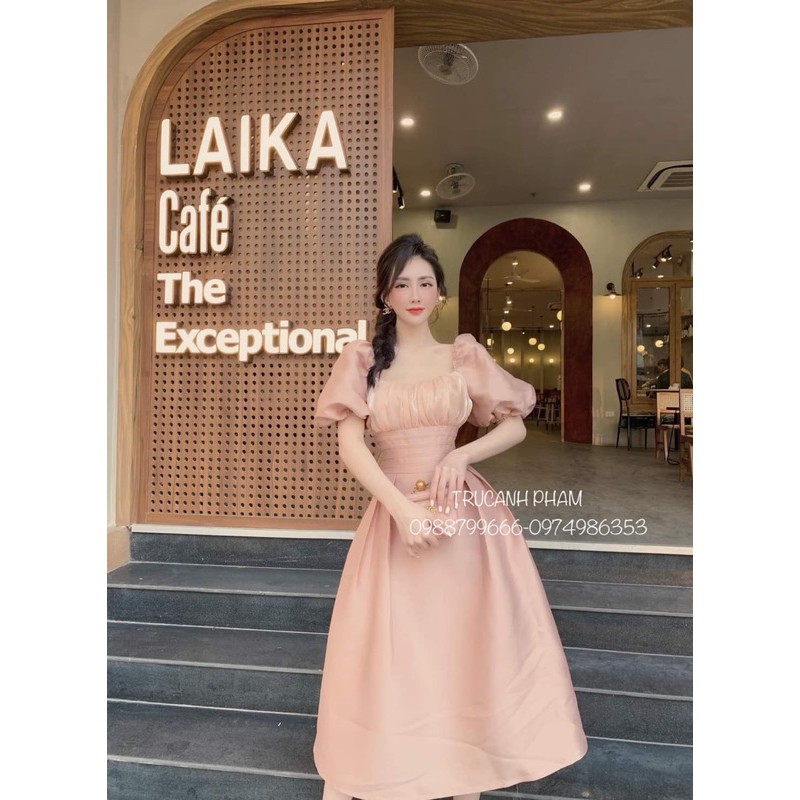 [ HÀNG CAO CẤP ]Đầm cổ vuông tay phồng xếp li eo thiết kế dự tiệc sang trọng | BigBuy360 - bigbuy360.vn