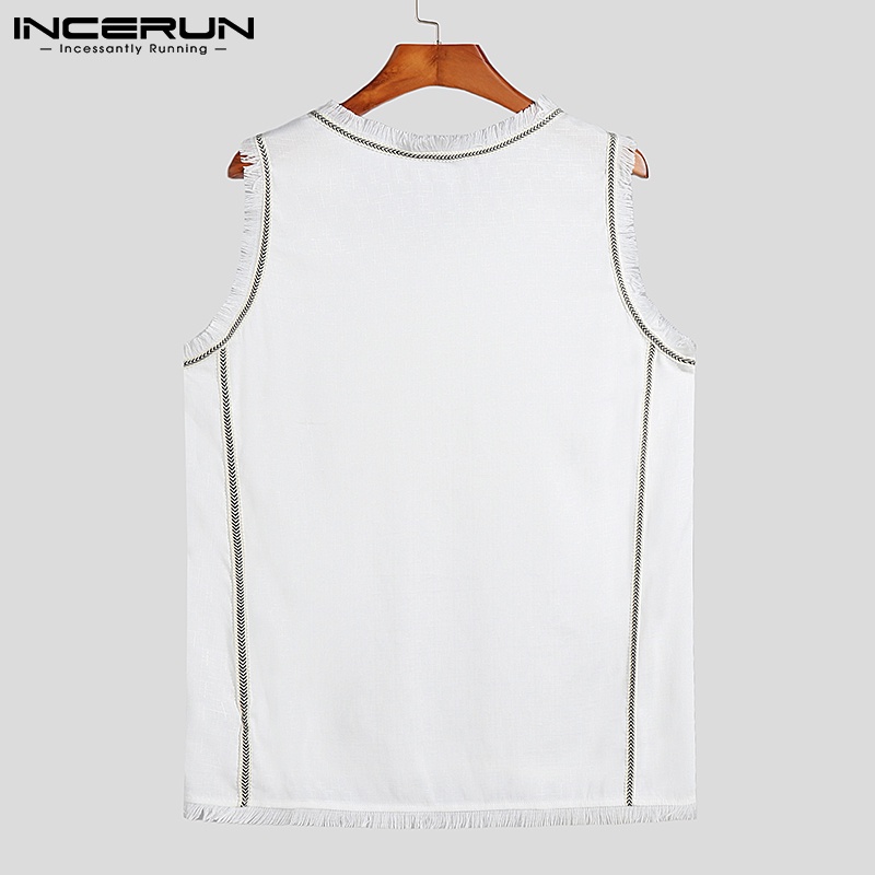 Áo INCERUN ba lỗ dáng rộng màu trơn phối tua rua kích thước S-5XL cho nam