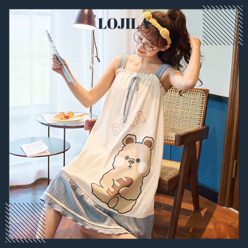 Váy Ngủ Nữ Hai Dây Bản To Dáng Suông, Đầm Ngủ Nữ Cotton Thông Hơi Họa Tiết Đáng Yêu LOJ