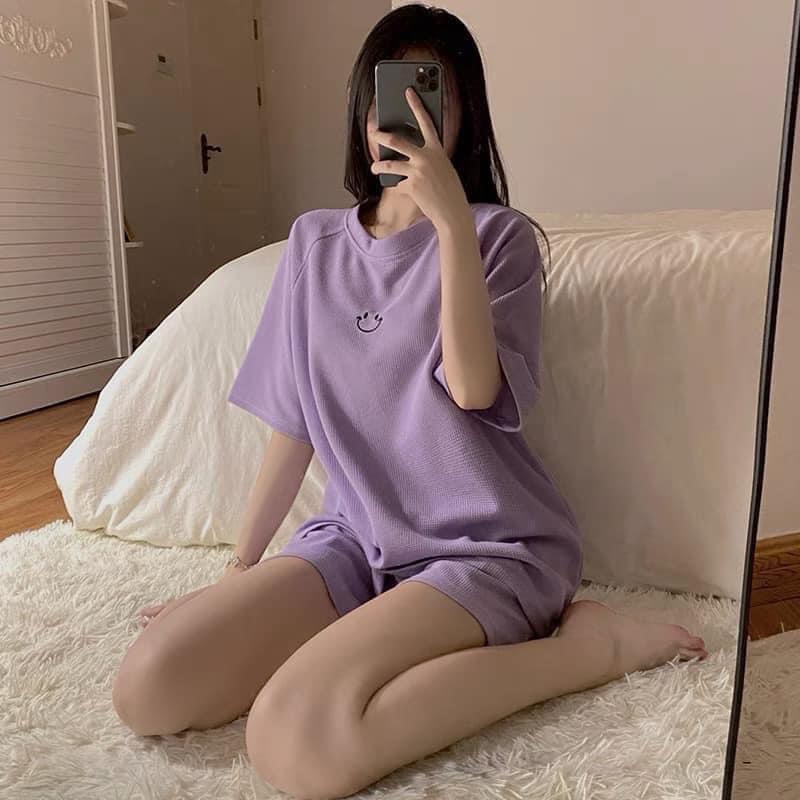 Set Raglan Tổ Ong Thêu Mặt Cười JOLIE Nữ  🌸 Bộ đồ quần short kèm áo thun form rộng tay lỡ hàn quốc Ulzzang 🌸