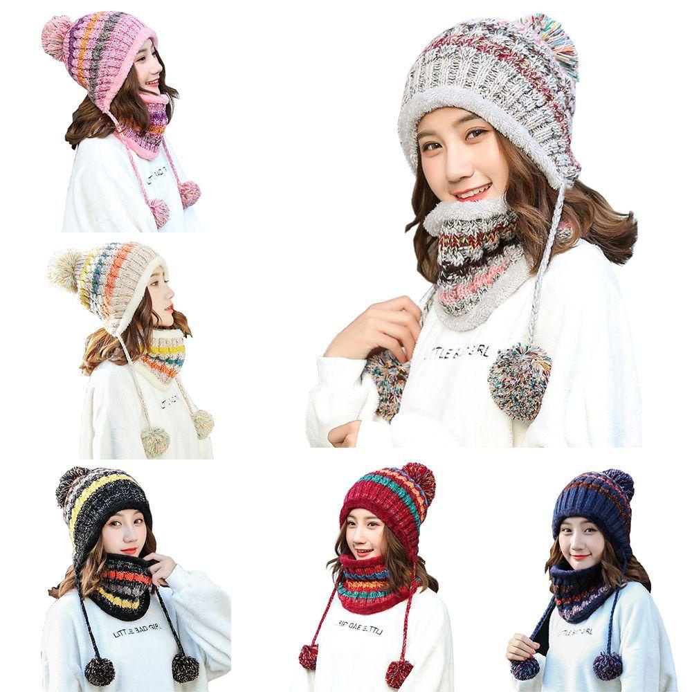 Set Mũ beanie Trùm Đầu Kèm Khăn Choàng Cổ Giữ Ấm Mùa Đông Cho Nữ