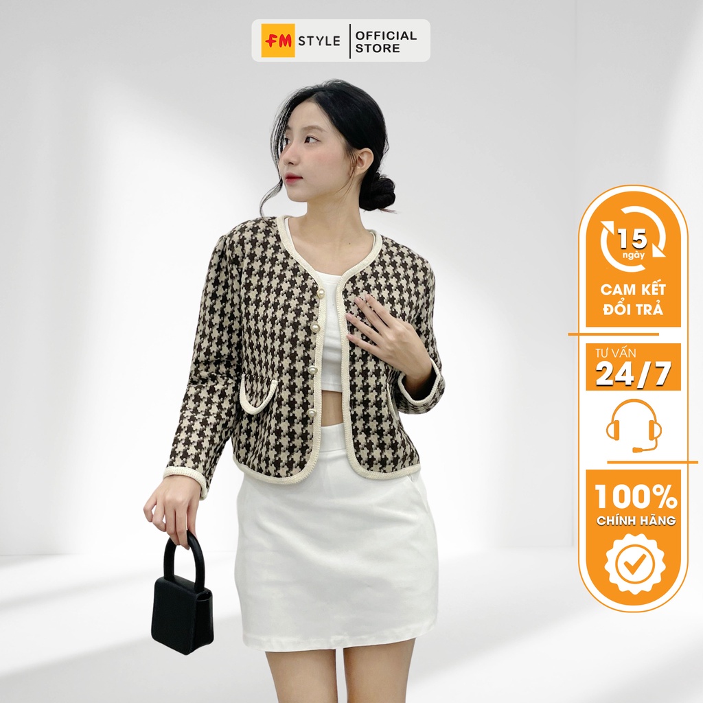Áo dạ tweed FM Style dáng lửng hoạ tiết caro 3 nút phối túi chạy viền siêu xinh thời trang 207300060