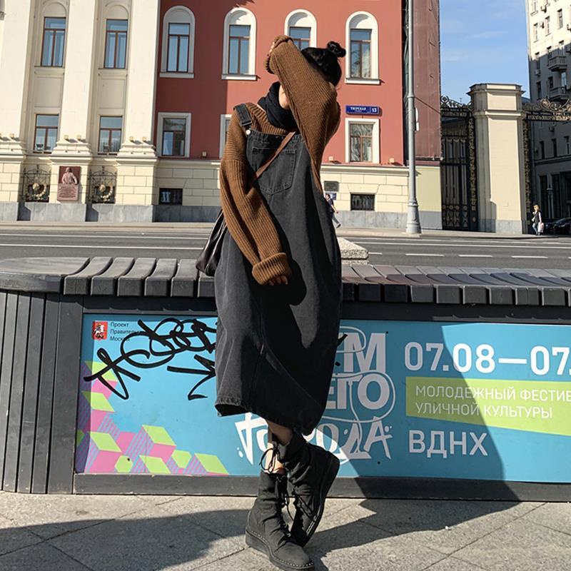 【Love Life】Đầm yếm denim dài qua gối cỡ lớn thời trang thu đông mới cho nữ