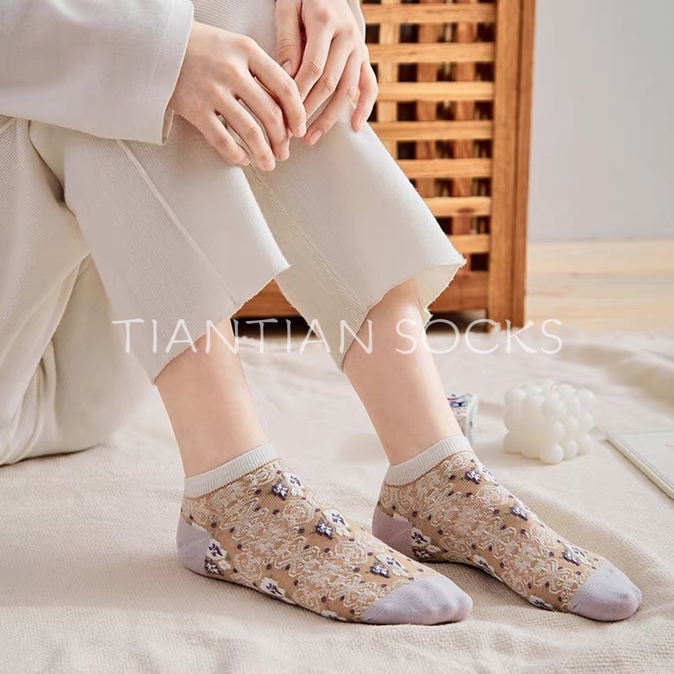 TIAN TIAN T156 Vớ Thuyền Cotton Thêu Nổi Ba Chiều Cổ Điển Phong Cách Hoàng Gia Nhật Bản Dễ Thương Thời Trang Xuân Hè Cho Nữ Dễ Phối Đồ