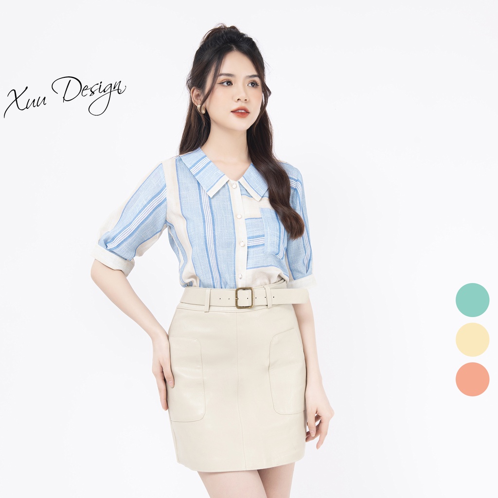 Áo kiểu nữ công sở kẻ xanh Xuu, thiết kế túi ngực tơ mềm Xu16
