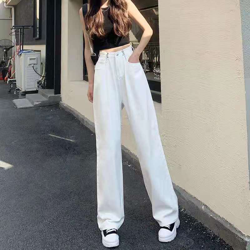 Quần jeans dài lưng cao ống rộng phối khuy gài eo đơn giản thời trang mùa thu dành cho nữ hàng loại 1