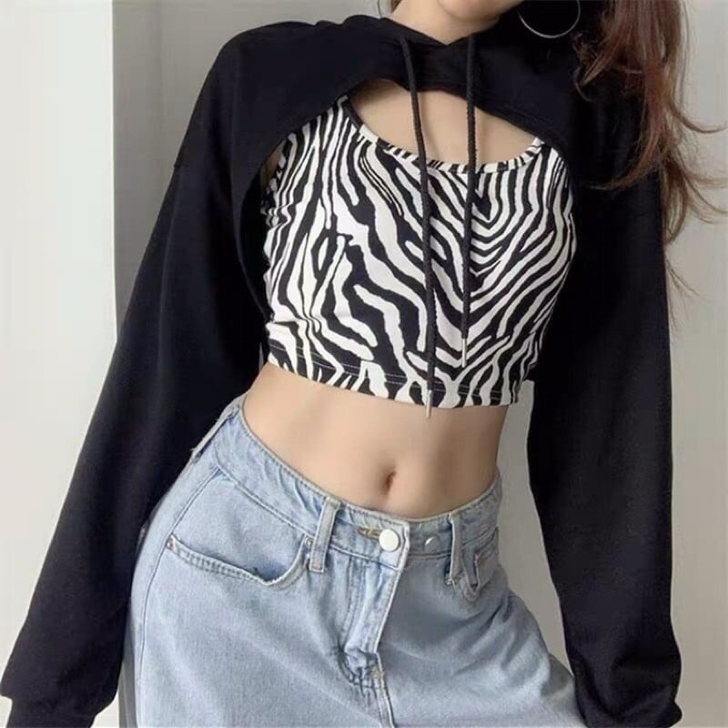 Set áo croptop 2 dây vằn kèm hoodie khoét ngực đen tay dài (ảnh thật)