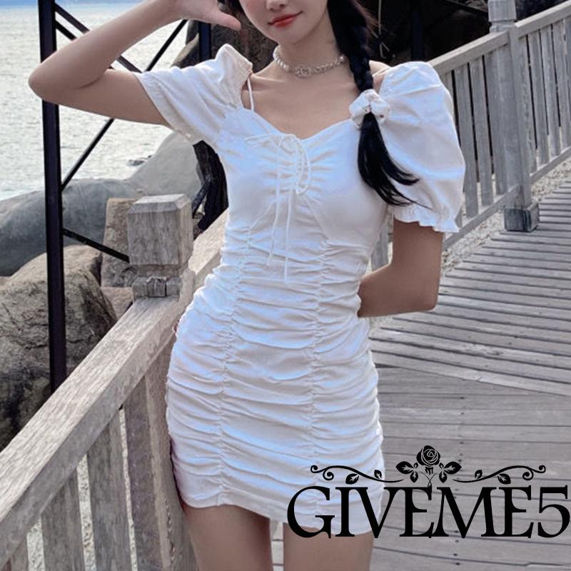 Đầm Mini Tay Phồng Màu Trơn Phối Dây Rút Thời Trang Mùa Hè Quyến Rũ Cho Nữ