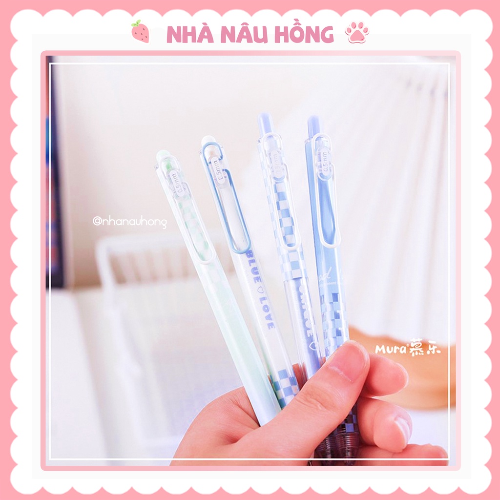 Bút gel bấm Mura Blue Love hoạ tiết caro màu mực đen, ngòi kim mảnh 0.5mm cao cấp, khô nhanh