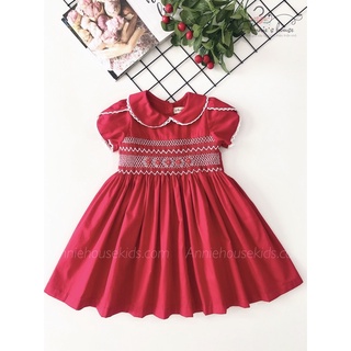 Đầm smock annie màu đỏ viền ren bé gái