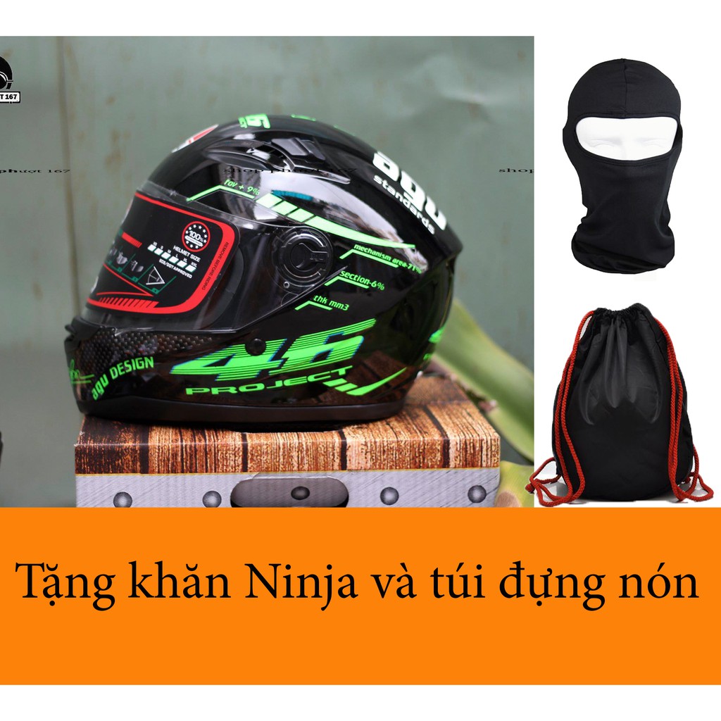 Nón Fullface AGU tem Xanh lá cây, tặng khăn Ninja và Túi đựng nón