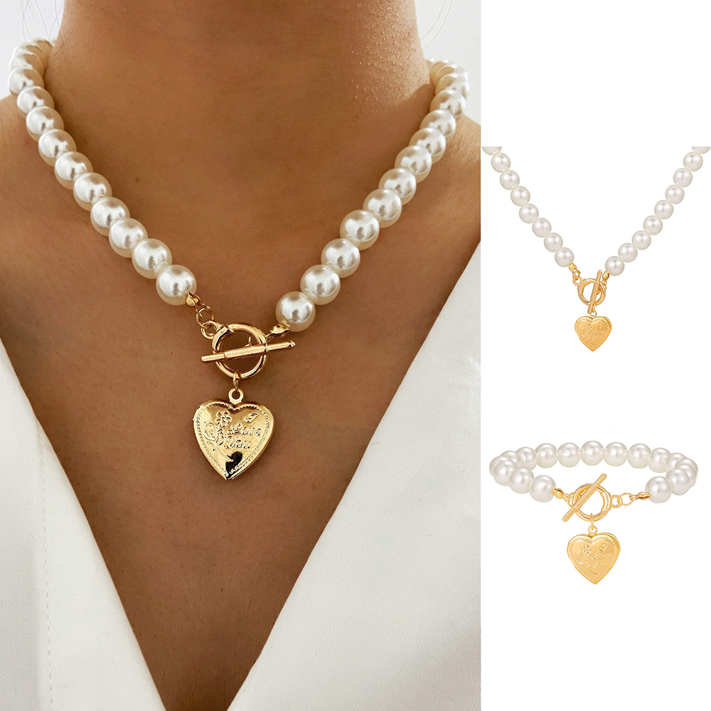 Vòng cổ/ Vòng tay kim loại mặt trái tim đính ngọc trai nhân tạo thời trang