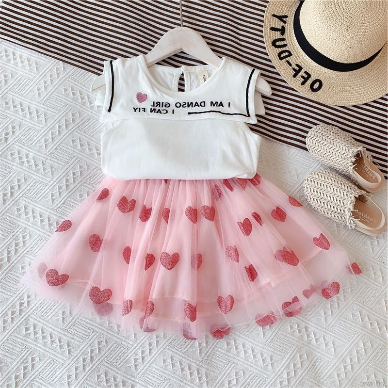Bộ áo thun sát nách in hình trái tim + chân váy lưới xòe đáng yêu cho bé gái
