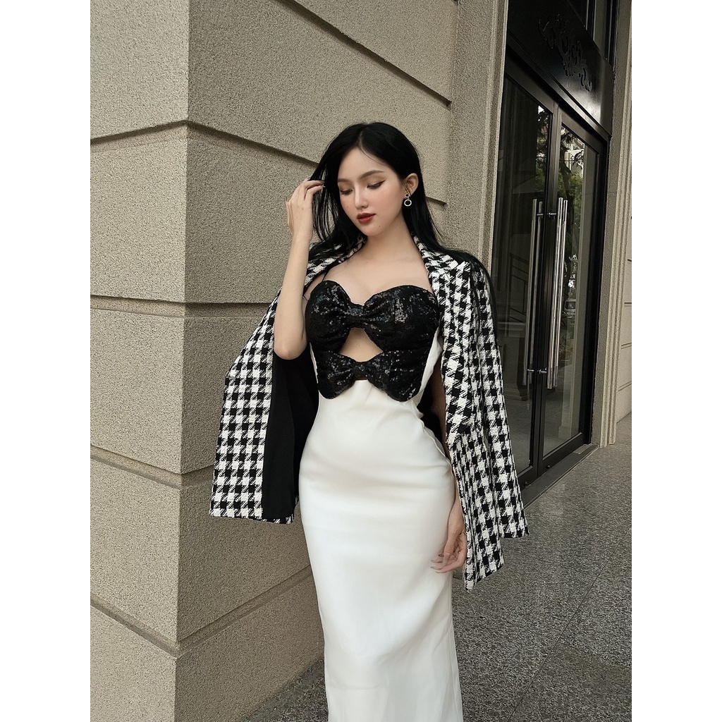 Đầm body dài tay CHOCOO Emerson Long Dress thiết kế cúp ngực nơ hạt cườm phối vai lưới lụa