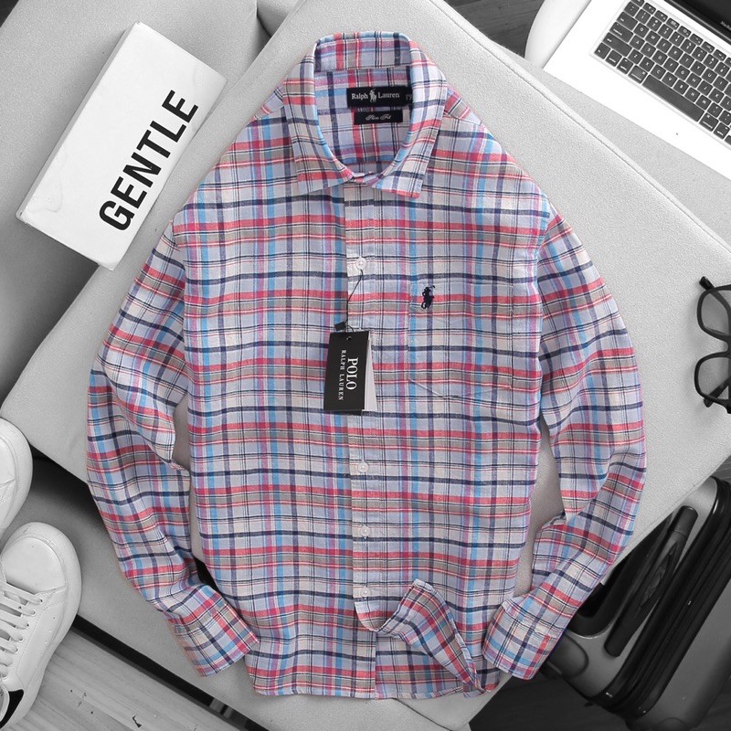Aó sơ mi nam tay dài po lo linen sọc sọc caro form sim fit (0203)