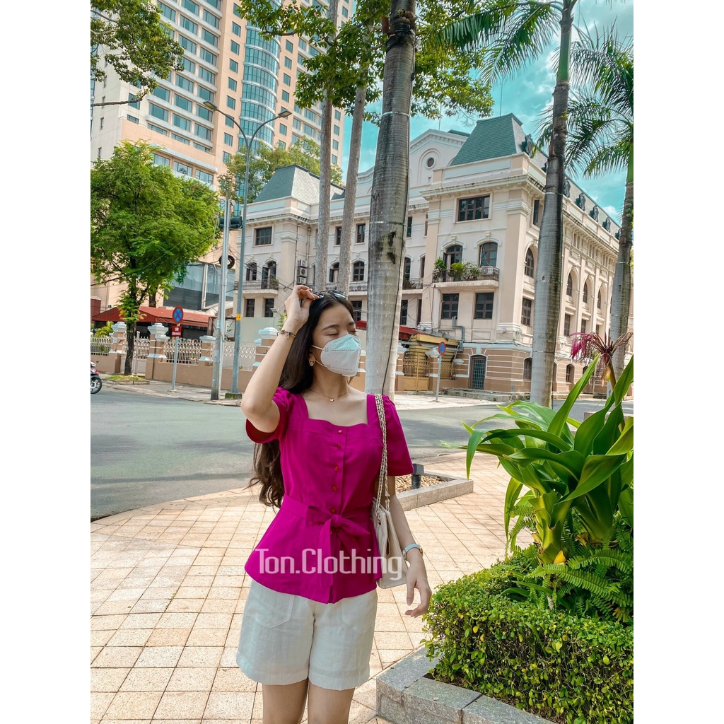 Áo Kiểu cổ vuông tay ngắn cột nơ eo Ton.Clothing vải Linen xốp màu hồng tím AOK014