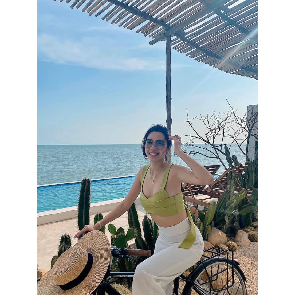 Áo nữ thiết kế- áo croptop xanh bơ xếp li thắt nơ sexy gợi cảm cá tính Poshtop ELE đi chơi, đi biển | BigBuy360 - bigbuy360.vn