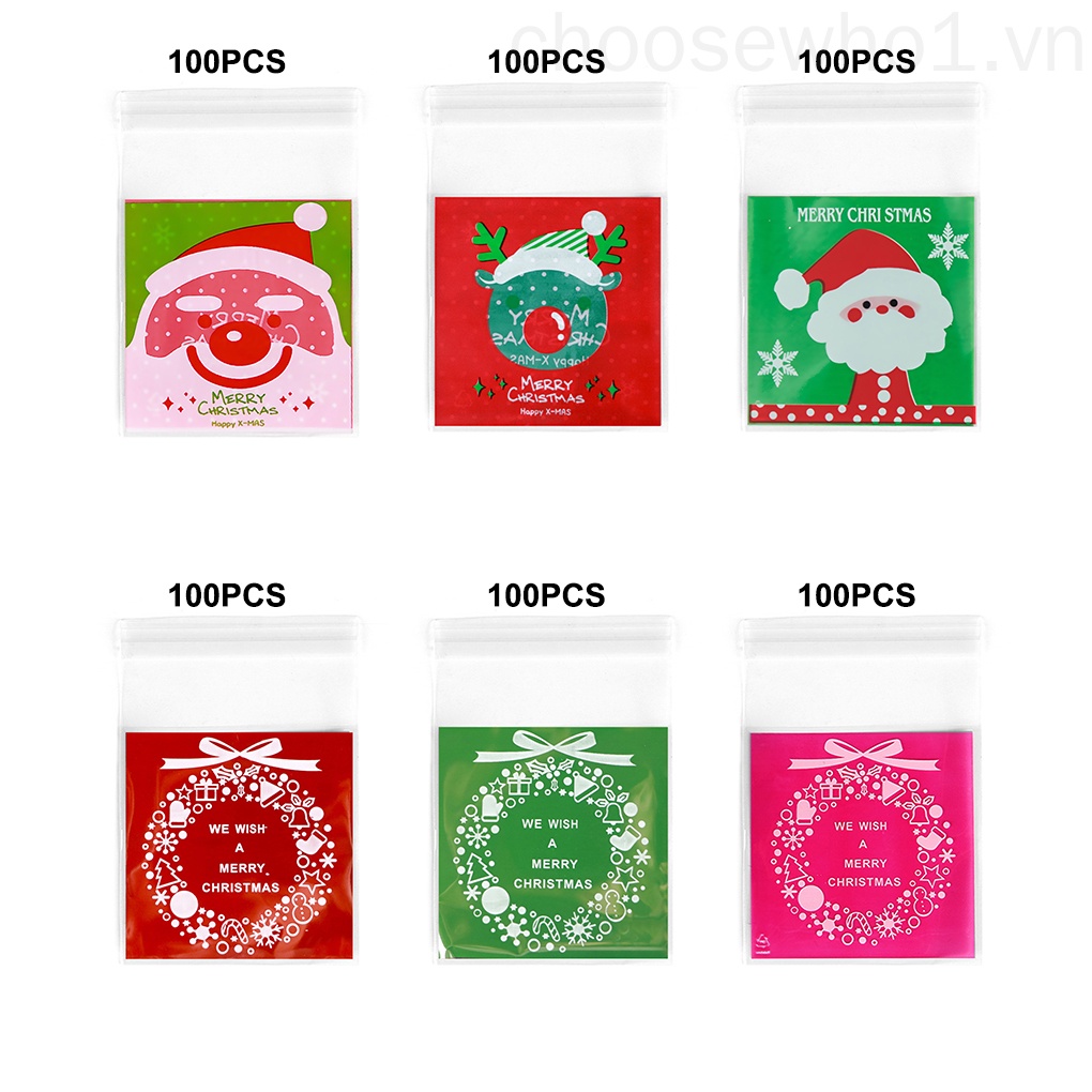 Set 100 túi nhựa trong suốt đựng thực phẩm họa tiết giáng sinh