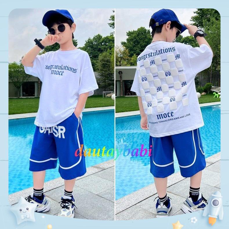 Bộ thun bé trai ngắn tay thun cotton xịn mát áo in nổi quần viền phong cách năng động cho bé 10-52kg-BBT90