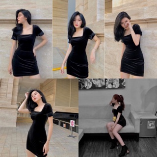 Đầm đen ôm Velveett Dress chất nhung lạ độc lạ sang chảnh có dây khoá sau lưng cổ vuông from tôn dáng vải co dãn nhẹ