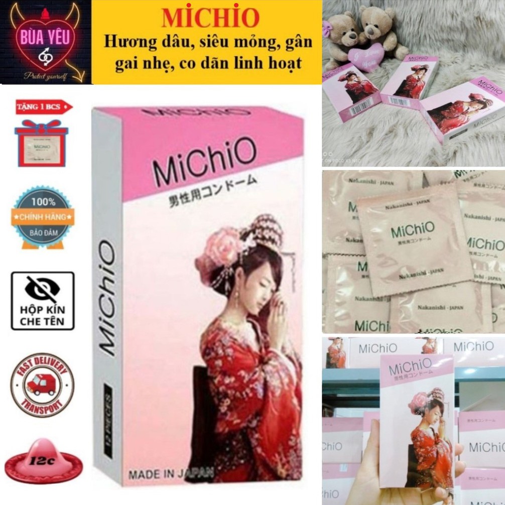 Bao cao su Michio hương dâu, gân gai, nhập khẩu Nhật Bản hộp 12 cái [MUA 1H TẶNG 1C]