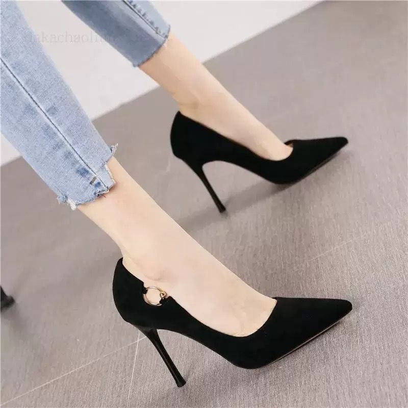 Giày Cao Gót Da Lộn Mũi Nhọn Màu Đen Thanh Lịch Cho Nữ
