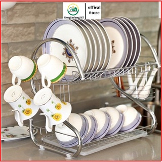 Kệ nhà bếp úp bát đĩa,cốc chén inox 2 tầng có khay hứng nước