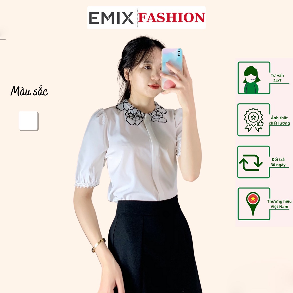 Áo sơ mi công sở hoa hồng đính ngọc EMIX (màu trắng), cổ hoa, dáng dài, thêu, form rộng, vải lụa, mềm mại, không nhăn
