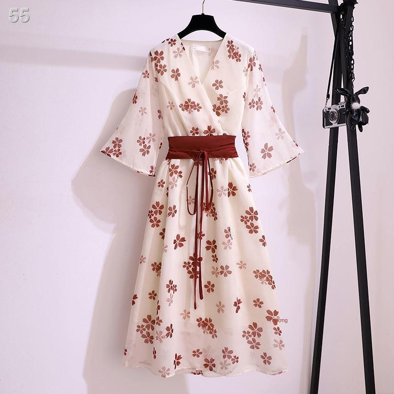 Đầm hoa voan nữ hè 2021 phiên bản mới Hanfu cải tiến màu đỏ ròng Kiểu kimono phổ biến váy