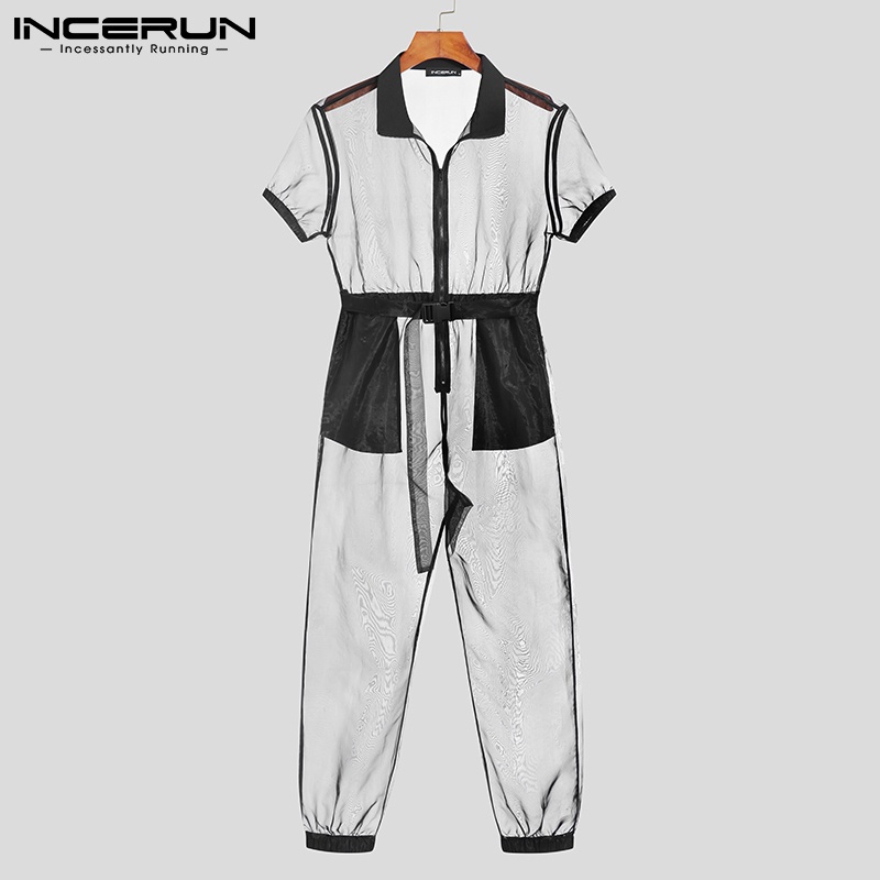 Jumpsuit INCERUN tay ngắn thiết kế xuyên thấu phối khóa kéo gợi cảm cho nam