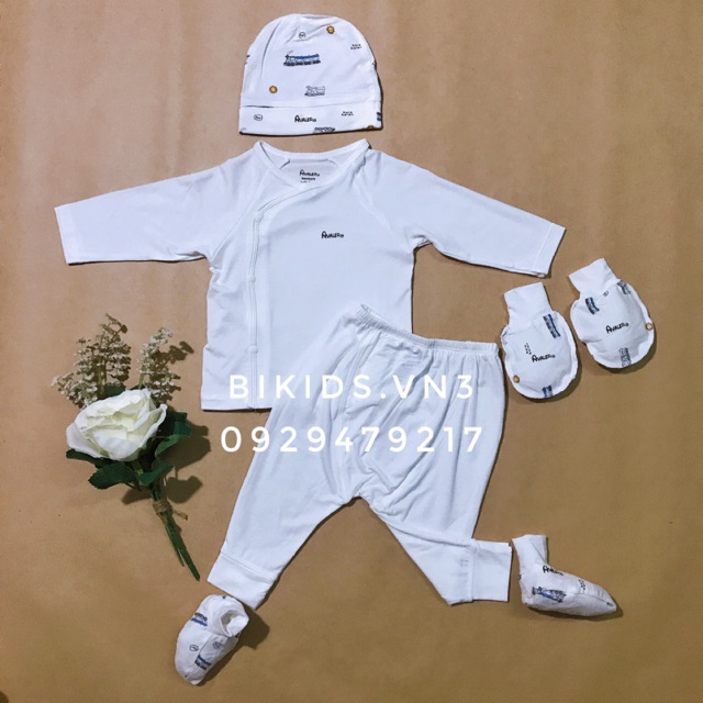 Combo quần áo sơ sinh cài lệch sợi tre Avaler (kèm mũ,bao tay chân)