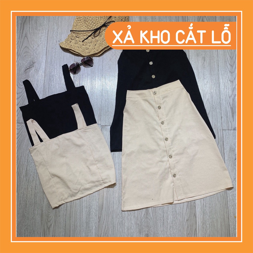 [Xả kho hè] (TRI ÂN HOT) SET ÁO 2 DÂY CROPTOP MIX CHÂN VÁY CÚC ĐEN BE - (Sp sẵn)