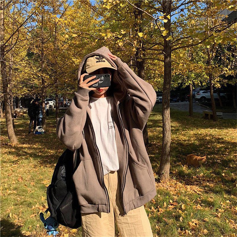 (sẵn nâu) áo khoác nỉ ulzzang dày dặn kèm hình thật
