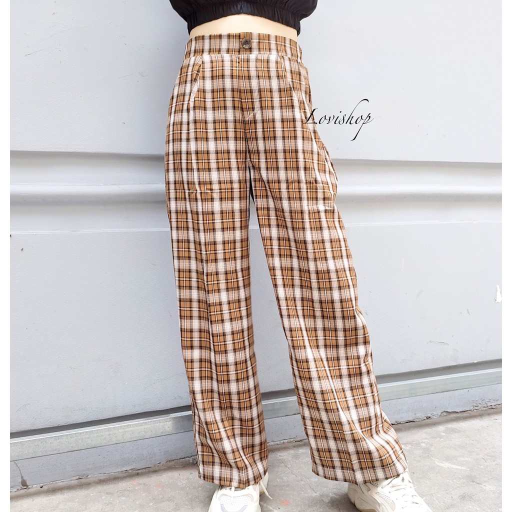 Quần caro dài lưng thun sau nút giả 2 túi Lovi