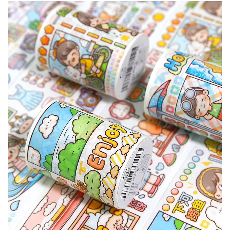 Băng giấy washitape họa tiết DoDoJam, Cuộn băng keo dán trang trí sổ tay, Chiết chu kỳ Telado, Lọ chiết hoạt hình cute