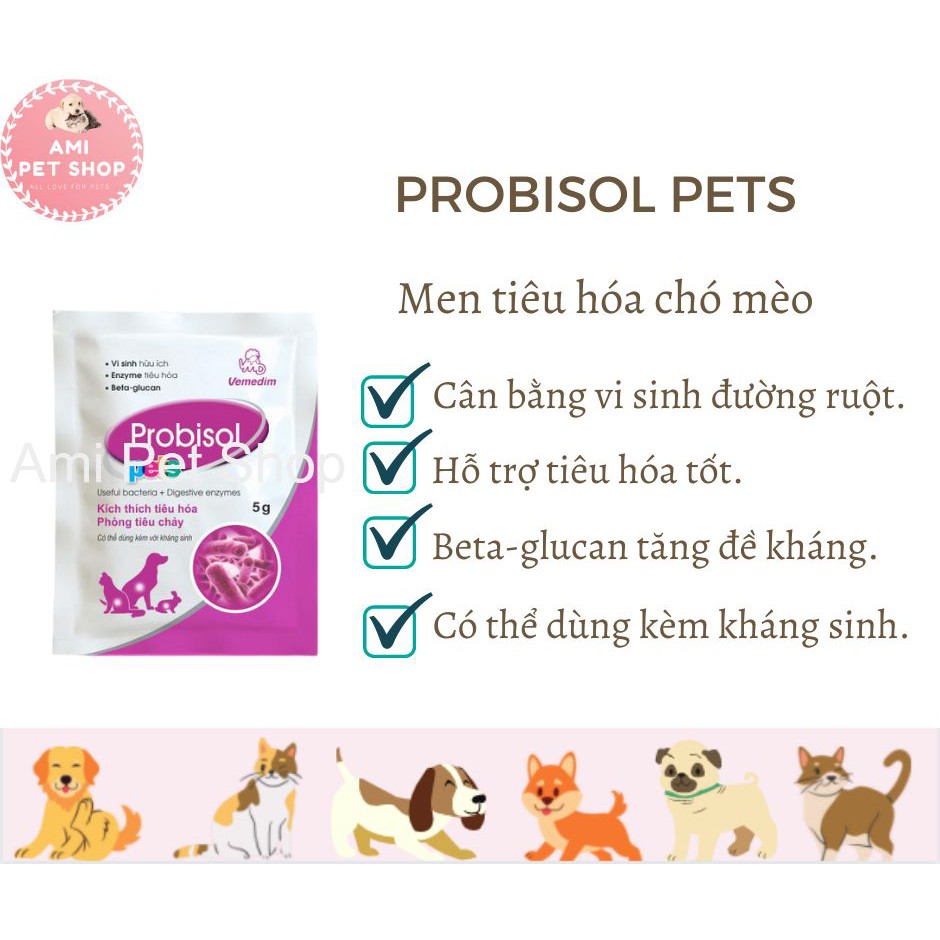 Men tiêu hóa cho chó mèo Probisol Pets Vemedim dùng hỗ trợ tiêu hóa và tăng đề kháng cho chó mèo, gói 5g