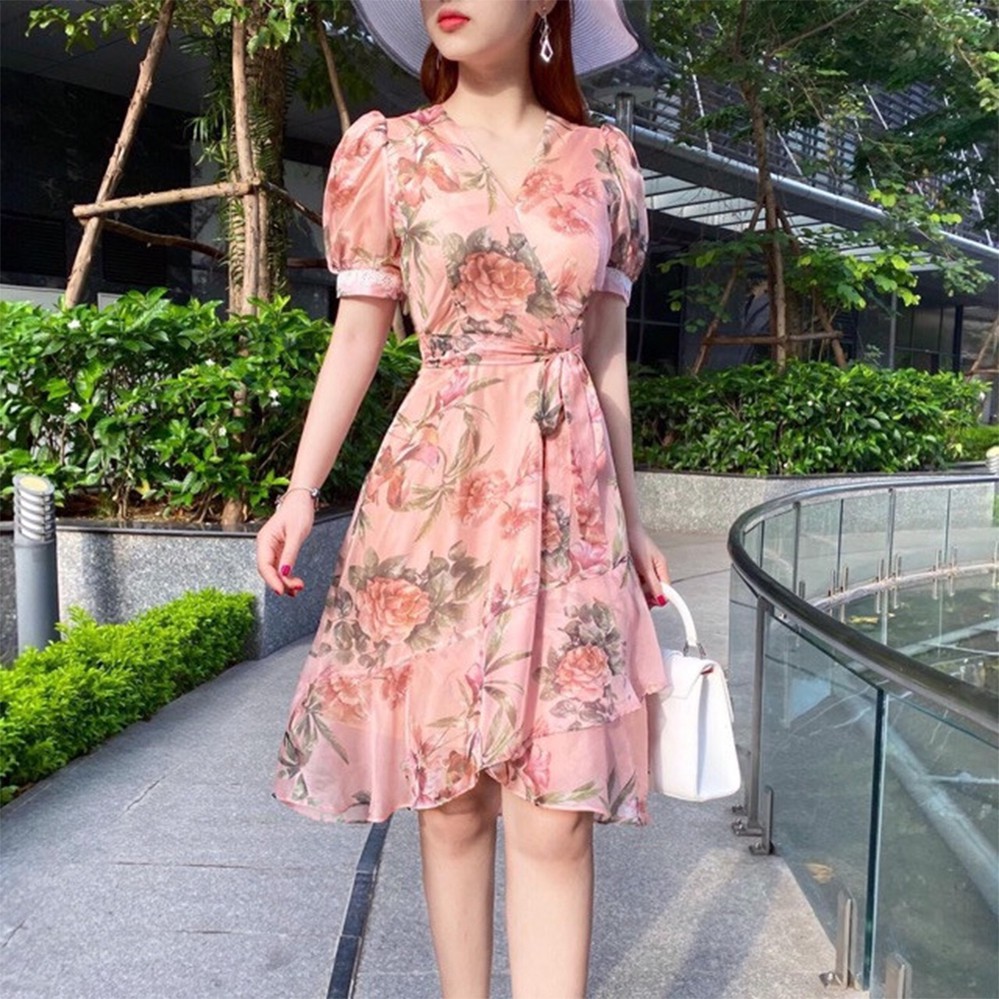 Đầm váy hoa hồng cổ tim dễ thương cho nàng dạo phố dự tiệc orange.vn