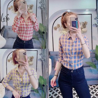 Áo sơ mi nữ kẻ caro, sơ mi kiểu form vừa - chất liệu thô cotton mềm mịn mát, thấm hút mồ hôi