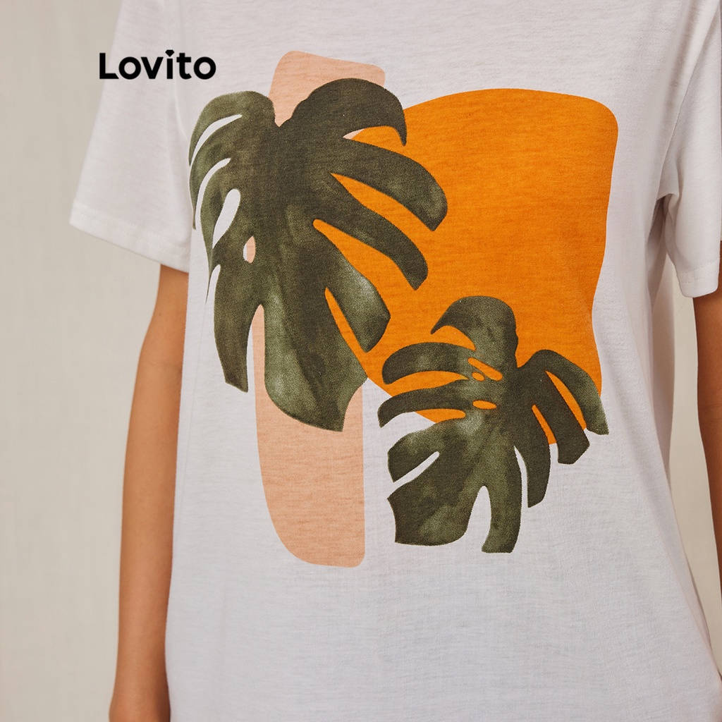 Áo thun Lovito tay ngắn cổ tròn phong cách thường ngày nhiệt đới mùa hè L18D046 (Màu trắng)
