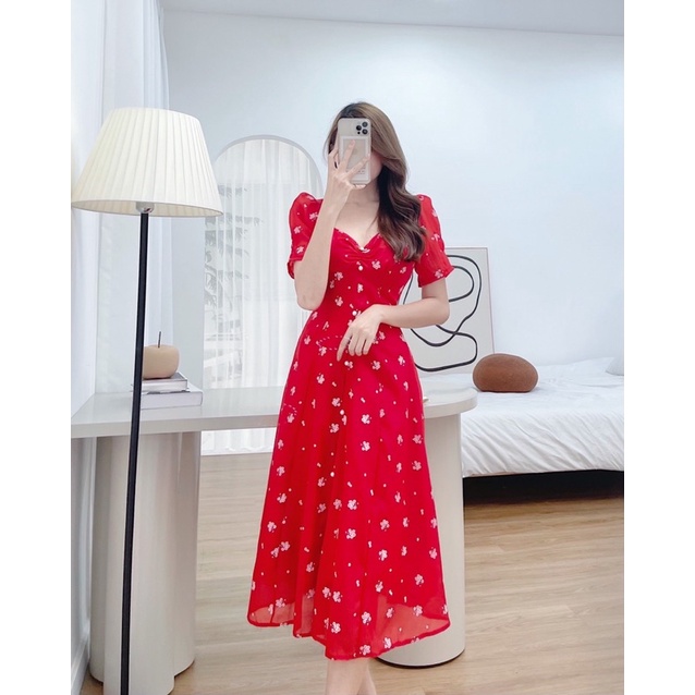 ĐẦM ĐỎ HOA NHÍU NGỰC MIDI