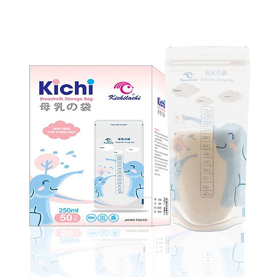 Hộp 50 túi trữ sữa, túi đựng sữa mẹ Kichilachi 250ml Hình voi con, BPA free, 2 khóa ziper chắc chắn