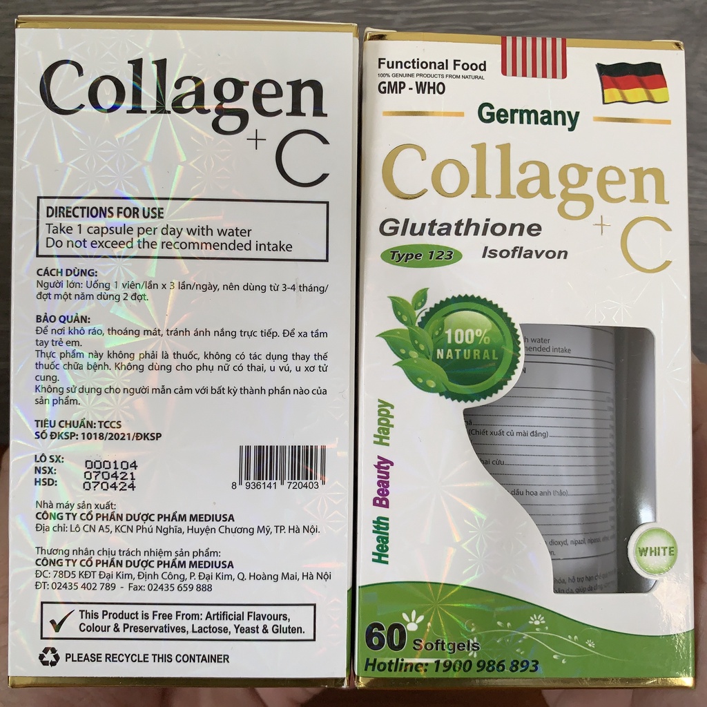 Viên uống COLLAGEN +C hỗ trợ làm đẹp da, sáng da, trắng sáng da - Hộp 60 viên tiêu dùng 30 ngày