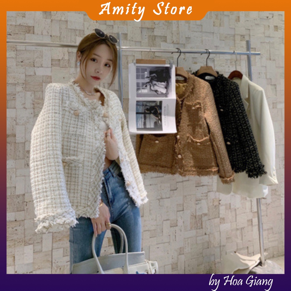 Áo dạ tweed nữ cổ tròn sang chảnh hàng quảng châu