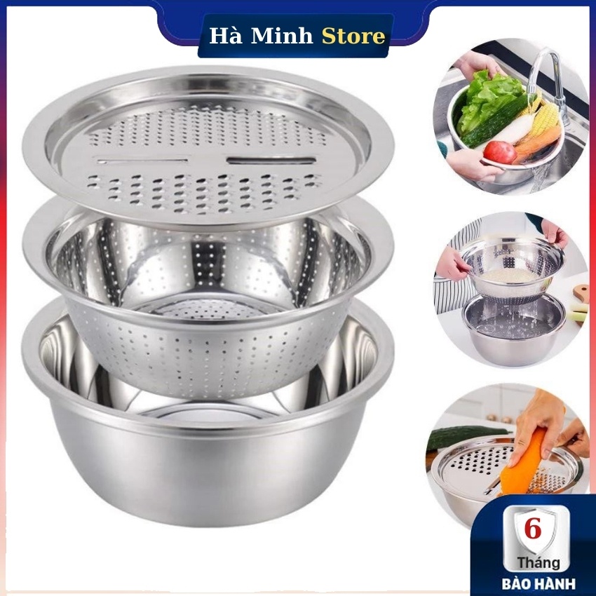 [Hàng Loại A] Bộ Dụng Cụ Bào Rau Củ Đa Năng 3 Trong Kiêm Rổ Và Chậu Inox Cao Cấp - Bộ Nạo Bào Rau Củ