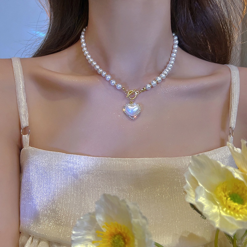 Ot Vòng cổ Hình Trái Tim Đính Ngọc Trai Và Kim Cương Thời Trang Hàn Quốc