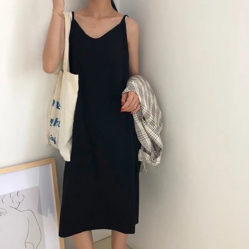 Đầm Hai Dây Dáng Rộng Cổ Chữ V Màu Trơn Đơn Giản Thời Trang Mùa Hè Hàn Quốc