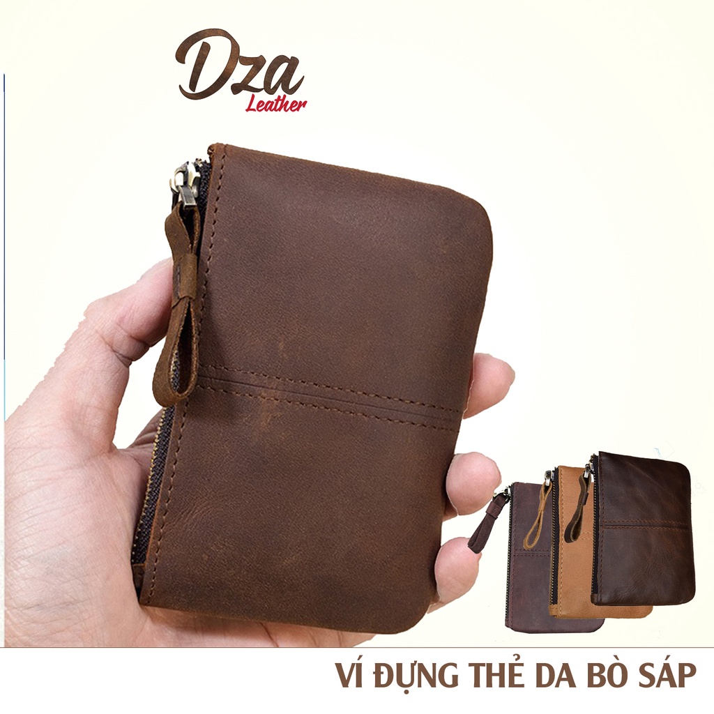 Ví đựng thẻ da bò sáp mini Dza leather có khóa kéo đồng nhỏ gọn sành điệu