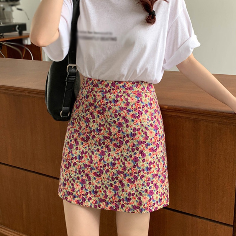 Chân Váy Mini Lưng Cao In Hoa Kiểu Retro Hàn Quốc Dễ Thương